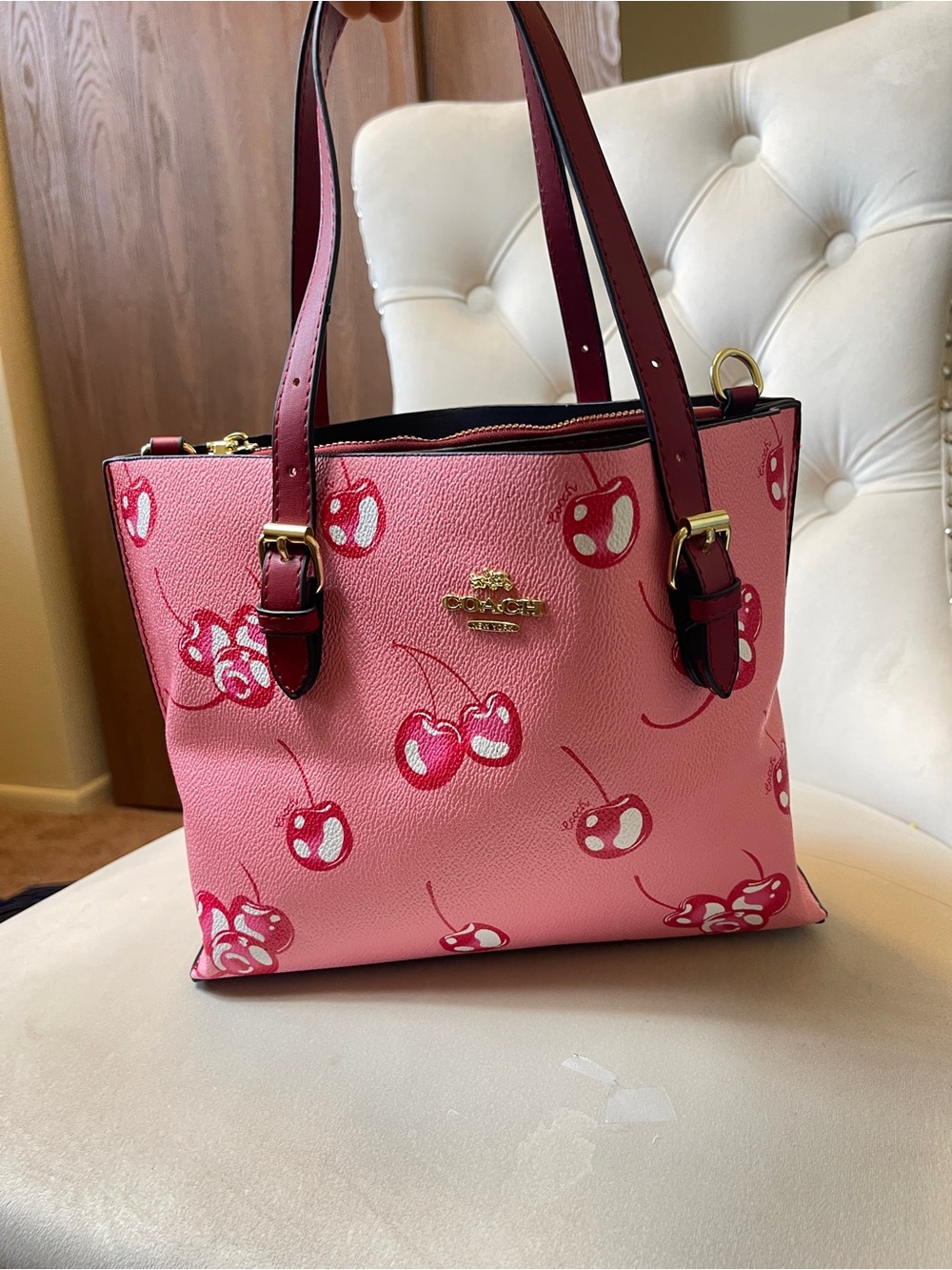 Coach Pink Cherry-Print Leather Tote with Dark Pink Straps